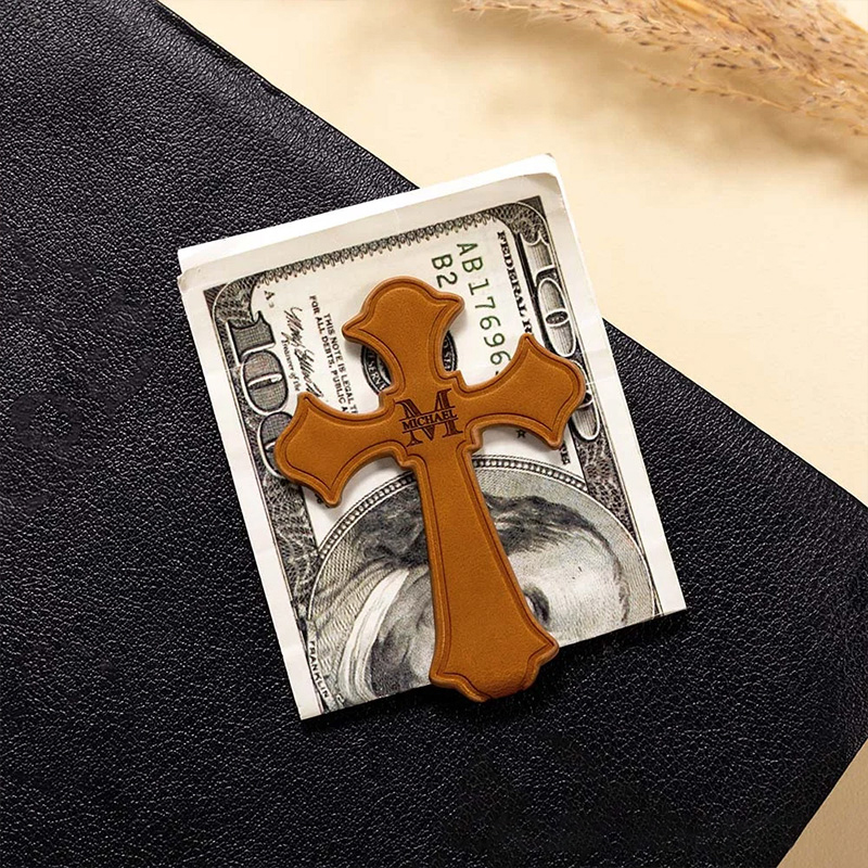 Personalized Cross Monogram Magnetic PU Leather Bookmark Clip with Engraved Name Religious Gift for Christians
