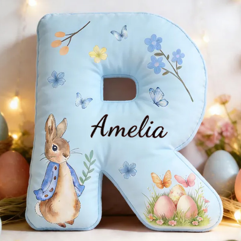 Personalized Easter Bunny Floral Alphabet Custom Name Soft Cushion Spring Decor Gift for Kids Room Nursery Decoration Graphic 3D Print Pillow