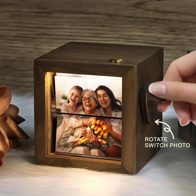 Personalized Lighted Photo Flipbook Box Hand-Cranked Wooden Memory Album Custom Photo Flipbook Frame Gift for Family