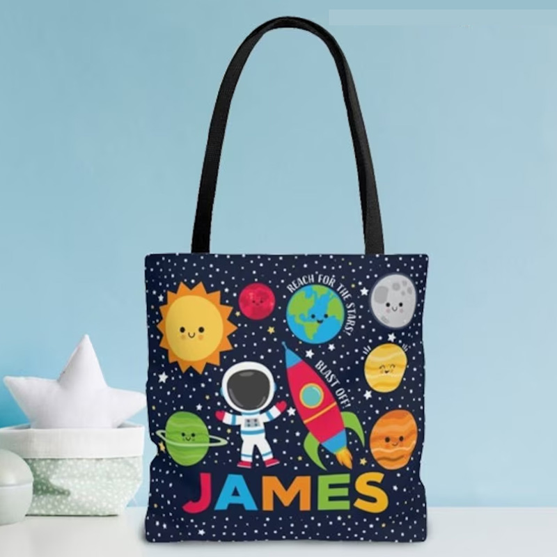 Personalized Space Tote Bag Gift Planets Spaceship Boys Daycare Bag School Rocket Solar System Treat Favor Bag for Geek Lover