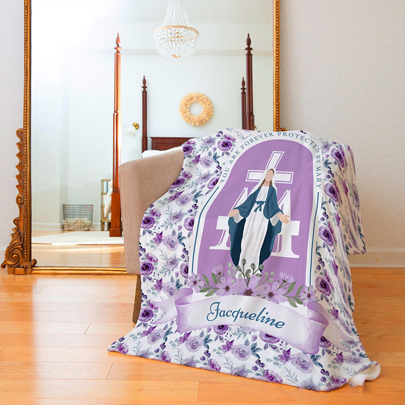 Personalized Purple Floral you are Forever Protected by Mary Throw Blanket with Name Home Decor Religious Gift Catholic Gift for Women