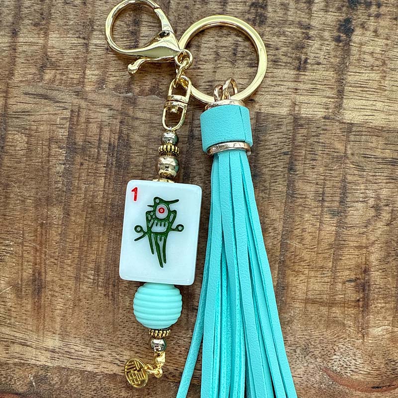 Handmade Mahjong Tile Bag Charm with Tassel Mixed Beads Mahjong Tile Keychain