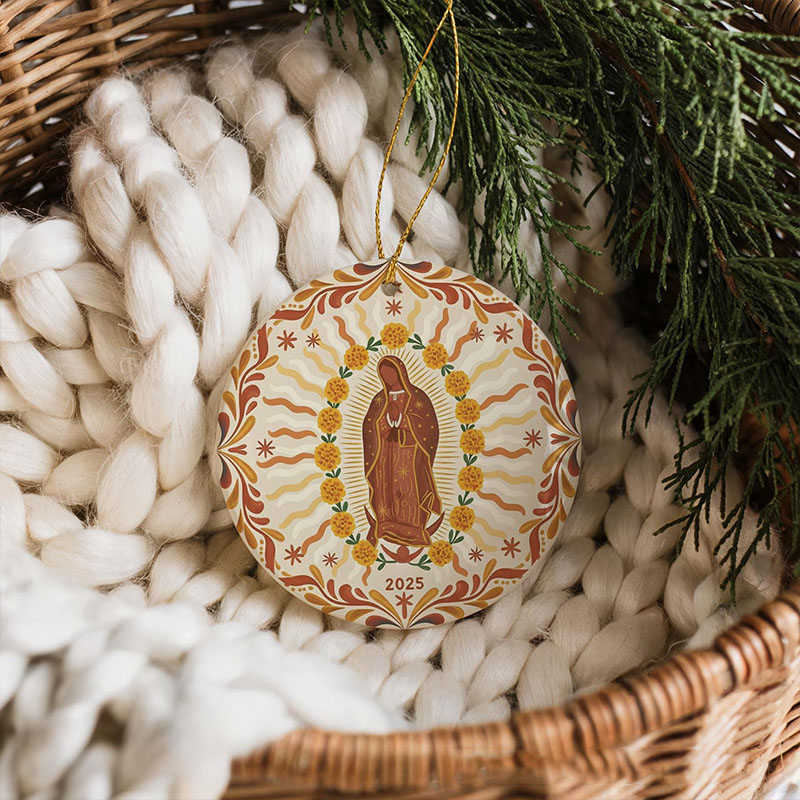 Personalized Our Lady of Guadalupe Marigolds Ceramic Ornament with Year Religious Gift Christmas Home Decor Catholic Gift