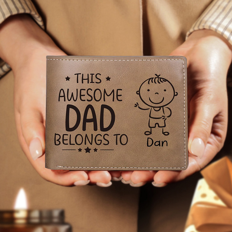 Personalised Doll Engraved Leather Men's Wallet Custome Name Folding Wallet With Kids Name for Dad Father's Day Gift