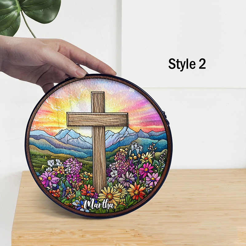 Personalized Cross Wildflowers Stained Glass Suncatcher Ornament with Name Window Balcony Hanging Decor Home Decor Religious Faith Gift