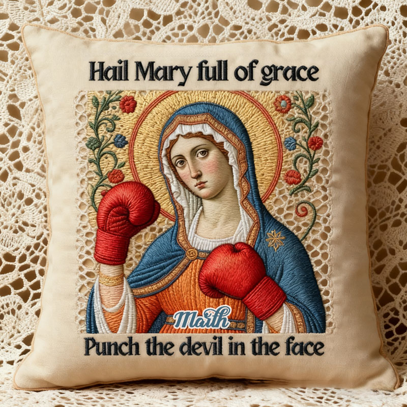 Personalized Hail Mary Full of Grace Punch the Devil in the Face Catholic Meme Pillow with Custom Name Humorou Religious Gift Graphic 3D Print Pillow
