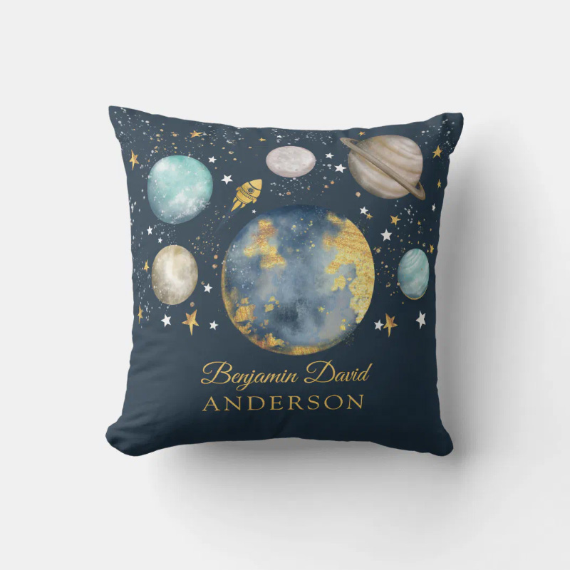 Personalized Space Galaxy Moon Star Boy Nursery  Throw Pillow Astronomy Gift for Child Nerd Geek Lover