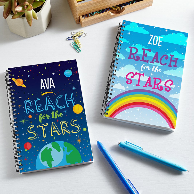 Personalized Reach For The Stars Notebook Colorful Design for Space Geek Lover