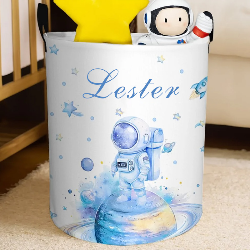 Personalized Watercolor Spaceman Storage Laundry Basket with Name Waterproof Nursery Decoration Children's Day Housewarming Gift for Gamer Geek Lover