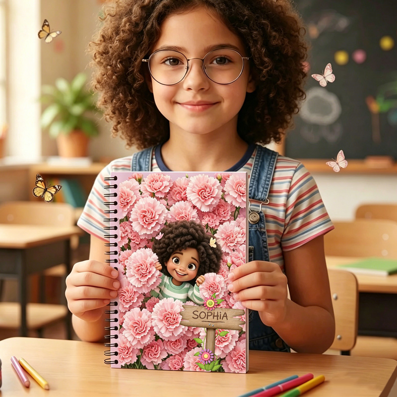 Personalized Cute Cartoon Girl Birth Flower Custom Name Notebook for Children