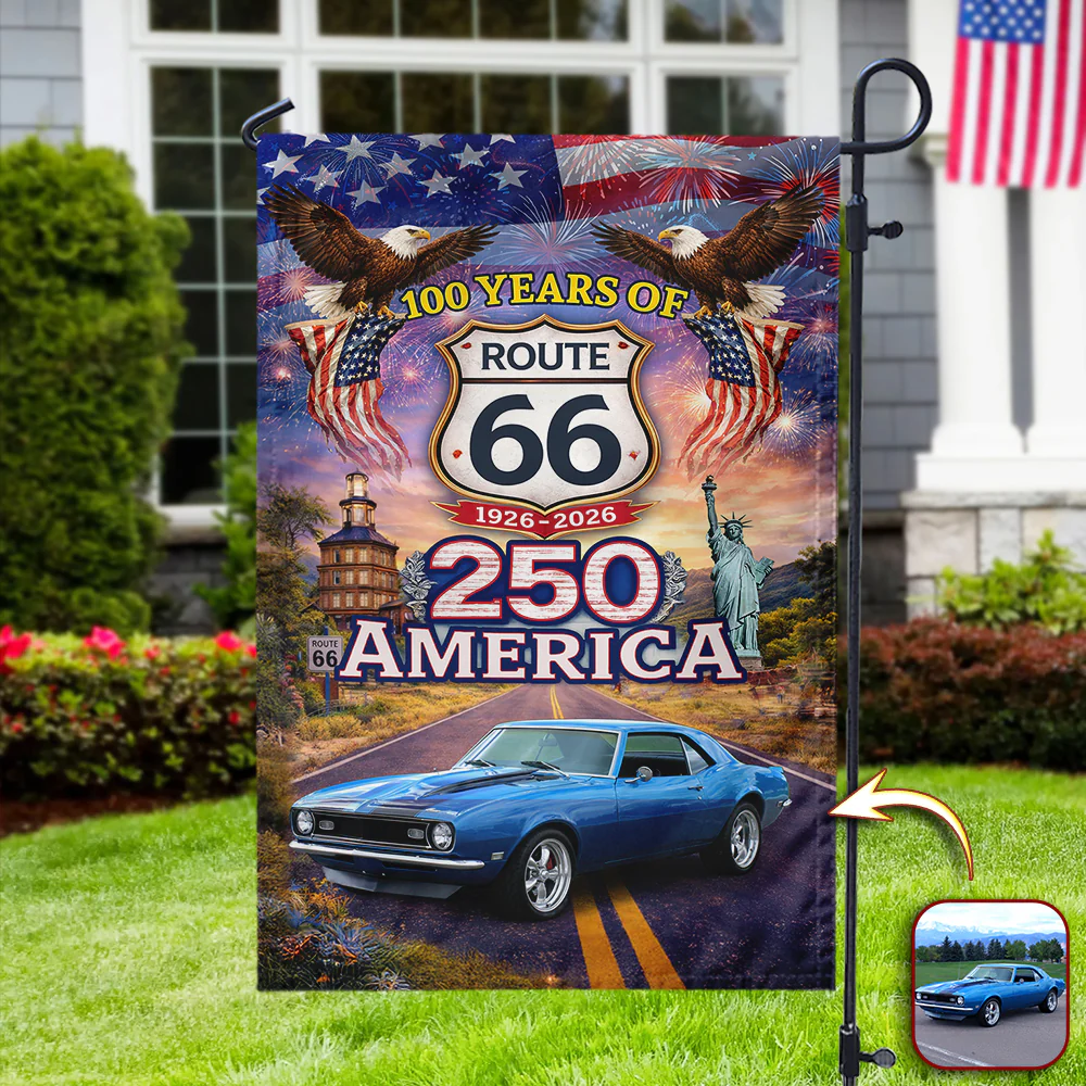 Personalized 100 Years Of Route 66 Garden Flag 250 America Classic Car Patriotic Flag Yard Banner For Outdoor Decor