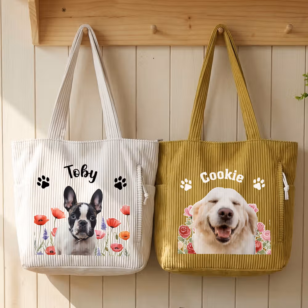 Personalized Birth Flower Pet Photo Large Capacity Corduroy Tote Bag with Name Multi-Compartment Travel Essential Birthday Gift for Women Pet Lovers