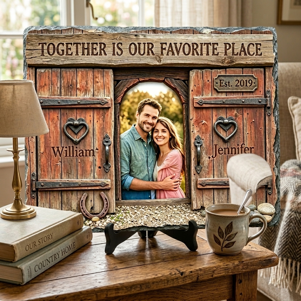 Personalized Retro Couple Photo Rectangle Shaped Stone with Stand Together is Our Favorite Place Stone Anniversary Gift Couple Home Keepsake Gift
