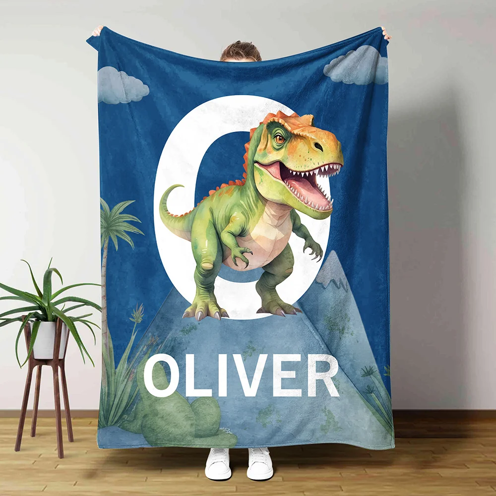 Personalized Cute Dinosaur Soft Throw Blanket with Initial Name Birthday Home Decor Gift for Kids