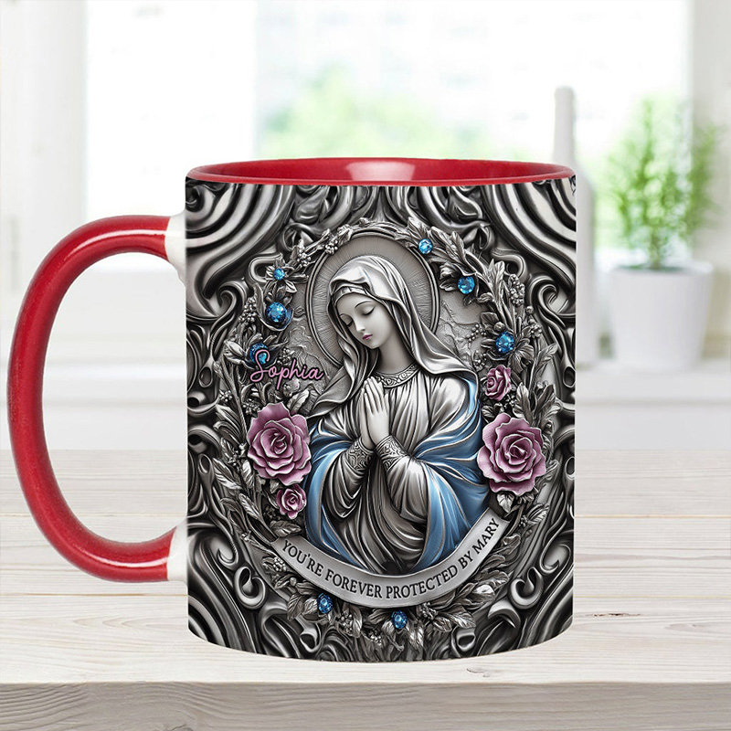 Personalized You're Forever Protected by Mary 11oz Ceramic Mug with Custom Name Religious 3D Coffee Mug Catholic Gift for Women