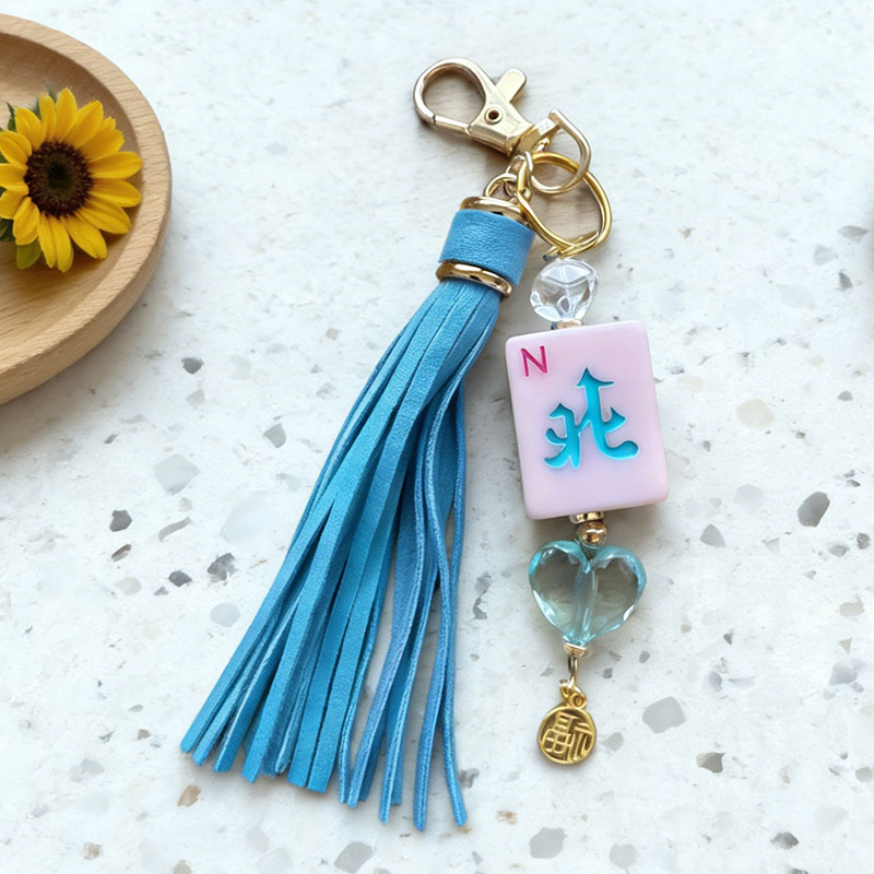 Handmade Mahjong Tile Bag Charm with Tassel Mixed Beads Mahjong Tile Keychain