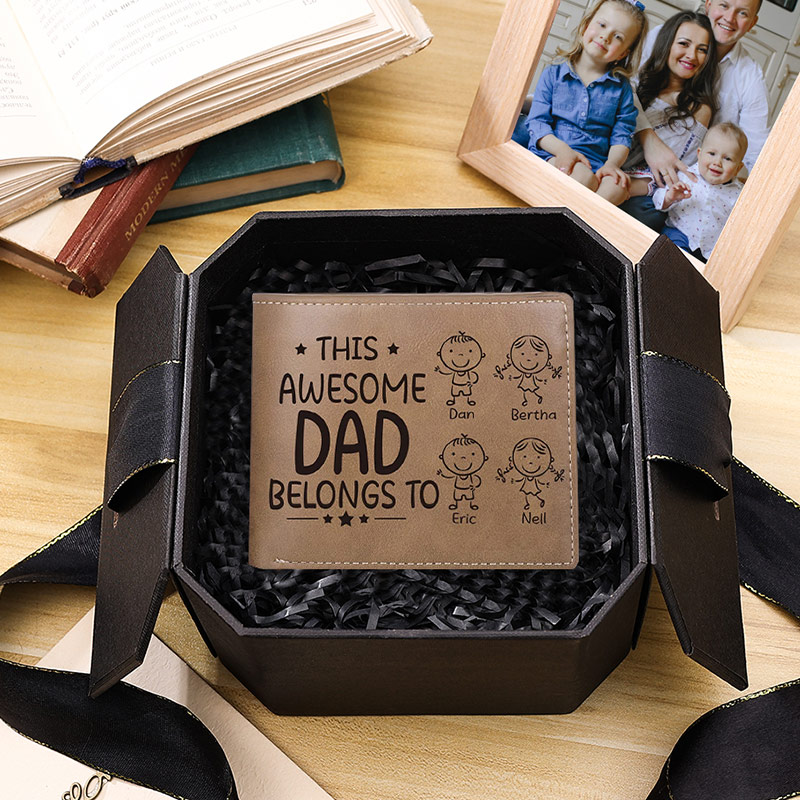 Personalised Doll Engraved Leather Men's Wallet Custome Name Folding Wallet With Kids Name for Dad Father's Day Gift