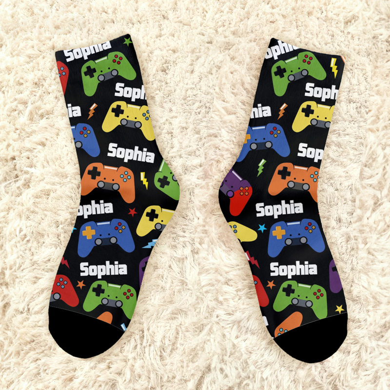 Personalized Multicolor Game Controller MidCalf Socks with Name Daily Use Birthday Gift for Game Friend Geek Lover