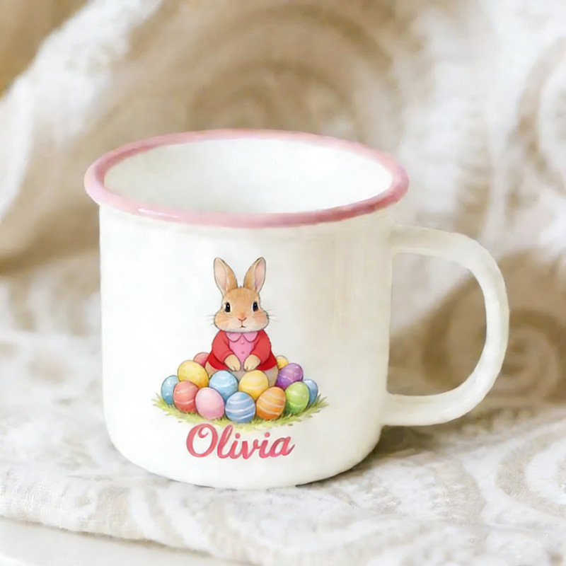 Personalized Cute Easter Egg and Rabbit Bunny Enamel Mug with Name Back to School Birthday Easter Gift for Kids