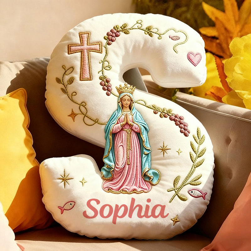 Personalized Cross Virgin Mary Letter Pillow with Custom Name Home Decor Graphic 3D Print Pillow Religious Faith Gift Catholic Gift