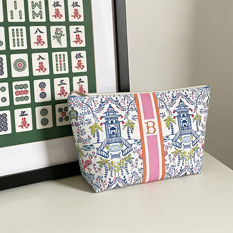 Monogrammed Mahjong Tile Bag Chinoiserie Travel Pouch Pagoda Print