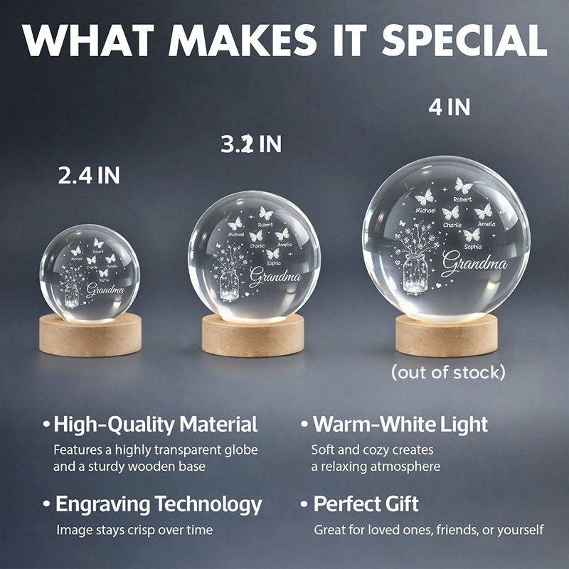 Personalized Grandma Butterfly Flower Jar Crystal Ball LED Night Light Birthday Mother's Day Gift for Grandma