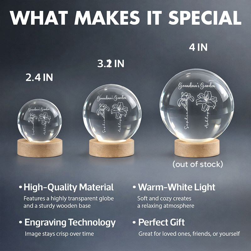 Personalized Grandma's Garden 3D Effect Birth Month Flowers Crystal Ball LED Night Light Birthday Mother's Day Gift for Grandma