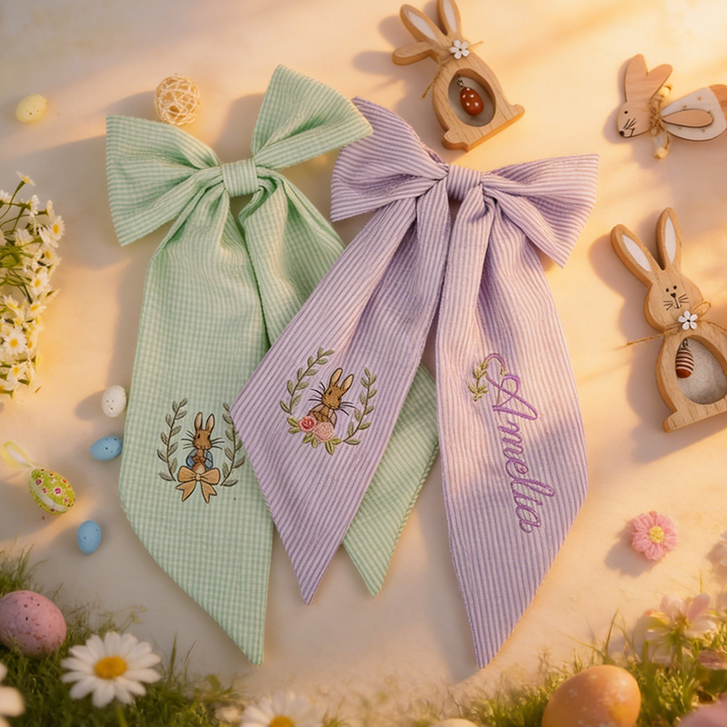 Personalized Seersucker Easter Basket Bow Monogrammed Bunny Design Easter Basket Decoration Kids Gift Spring Bunny Accessory