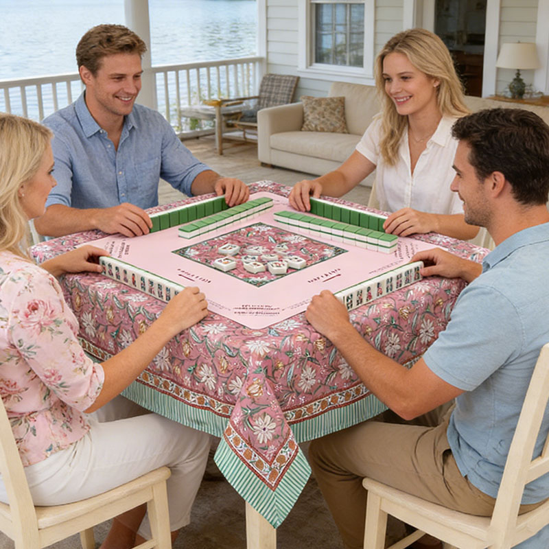Mahjong Tablecloth 55" x 55" Polyester Blue Block Print Floral Flower Square Instructional Design with Rules for Family Game Night Party Favor Supplies