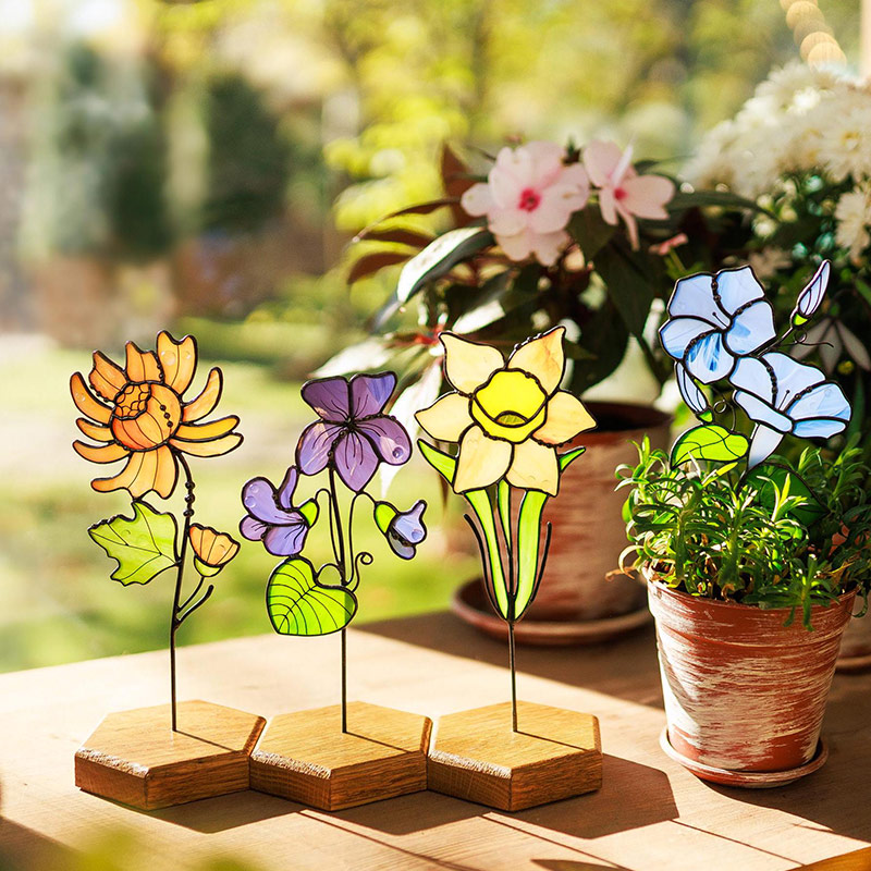 Personalized Stained Glass Birth Flower Plant with Stake Custom Birthday Suncatcher Gift for Mom Grandma Mother's Day Gifts