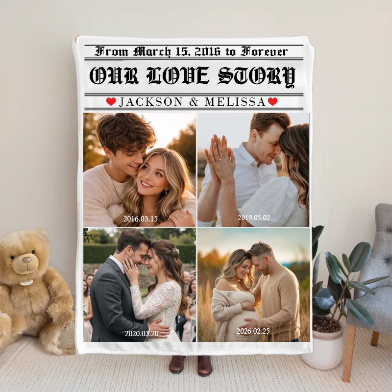 Personalized Couple Love Story Poster Design Photo Blanket with Time and Name Newlywed Wedding Newspaper Blanket Anniversary Gift for Husband