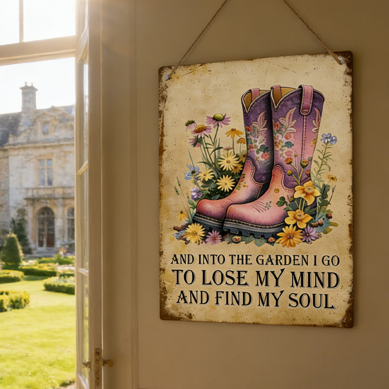 Personalized Western Cowgirl Into The Garden Metal Tin Sign Inspirational Gardening Wall Plaque Gardener Home Art Decor Shed Patio Sign Gift for Equestrian Riding Lovers