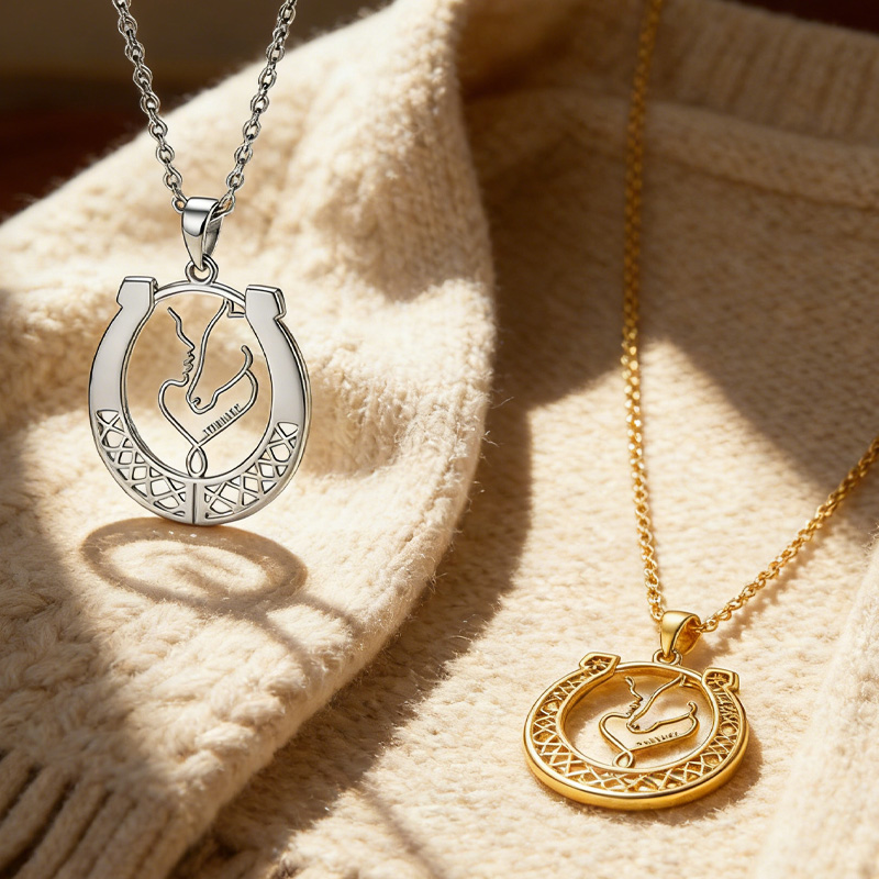 Personalized Couple Horse Rider Necklace Horseshoe Necklace Charm Jewellery Gift for Equestrain Lovers