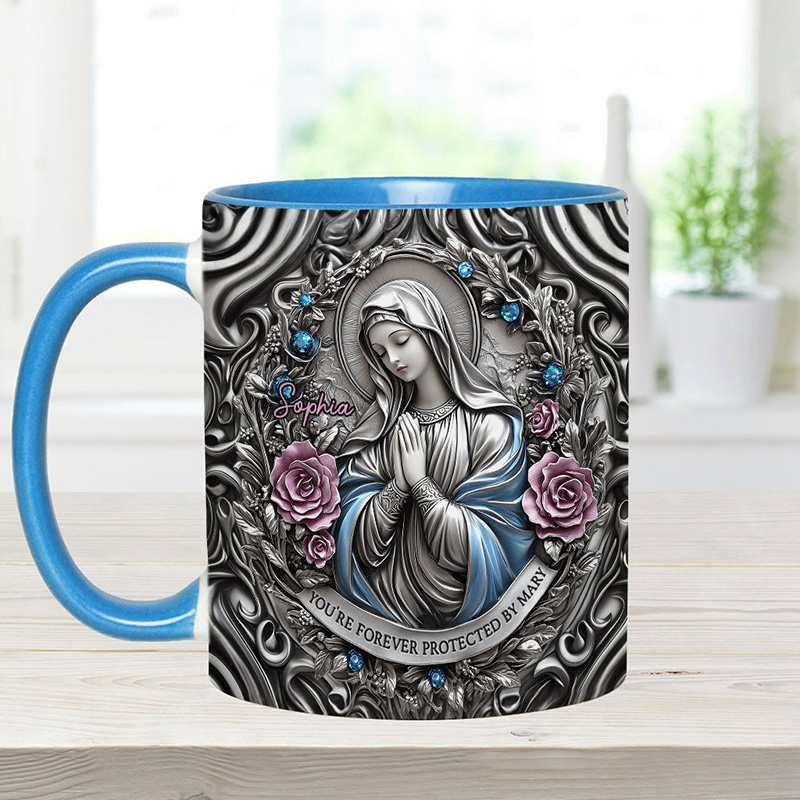 Personalized You're Forever Protected by Mary 11oz Ceramic Mug with Custom Name Religious 3D Coffee Mug Catholic Gift for Women