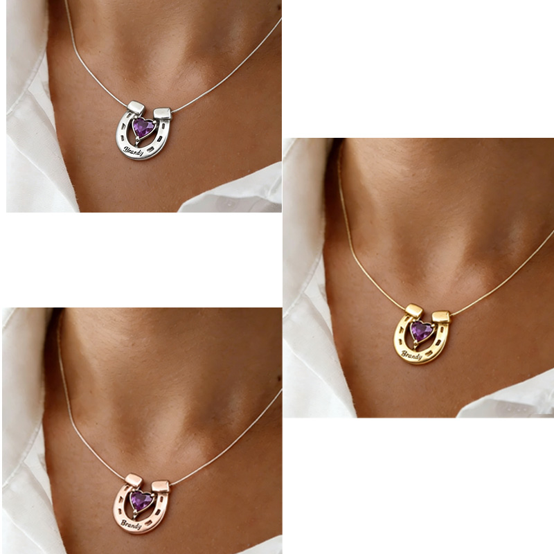 Personalized Birthstone Horseshoe Name Necklace Equine Necklace Elegant Silver Memorial Gift for Equestrain Lovers