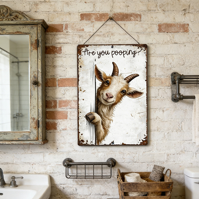 Are You Pooping Goat Sign, Funny Farm Animal Decor, Peeking Goat Rustic Metal Sign, Farmhouse Bathroom Humor Wall Art