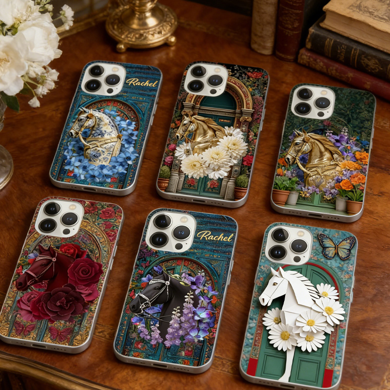 Personalized Vintage Birth Flower Horse Garden Gate Portable Kindle Case Phone Case with Name Daily Use Birthday Gift for Riding Lovers Equestrian Lovers Unique Style Phone Cases