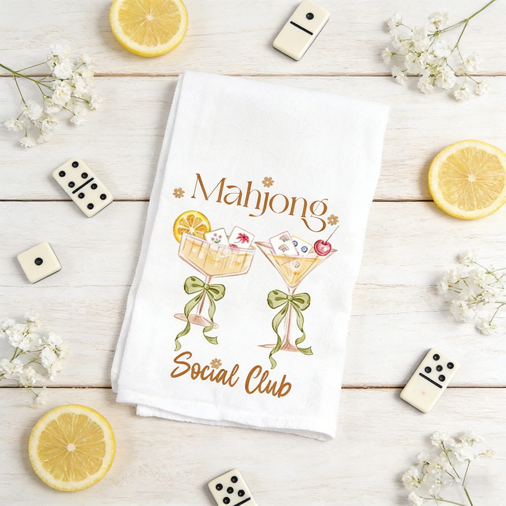 Mahjong Social Club Tea Towel – Cute Cocktail Mahjong Design Perfect for Your Kitchen or Game Night Decor