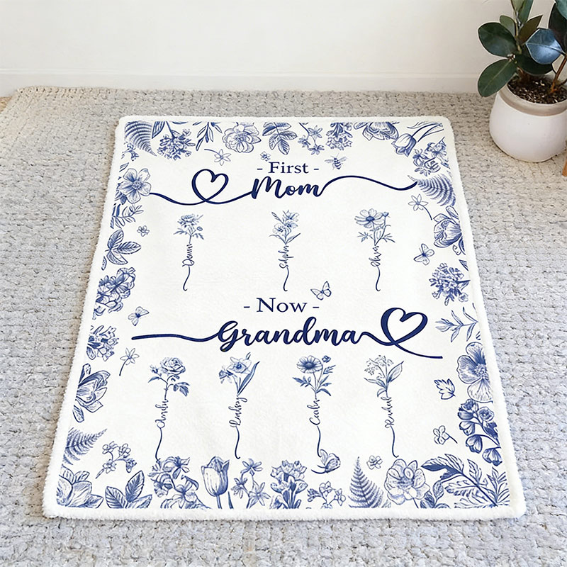 Personalized Grandma Blanket with Birthflower Grandkids Names Mother's Day Gift For Nana Gigi Mimi Custom Grandmother Mom Birthday Gift 