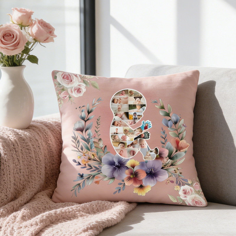 Personalized New Mom Birth Flower Pillow with Baby Photos Happy 1st Mother's Day Throw Pillow Mothers Day Gift For Mom