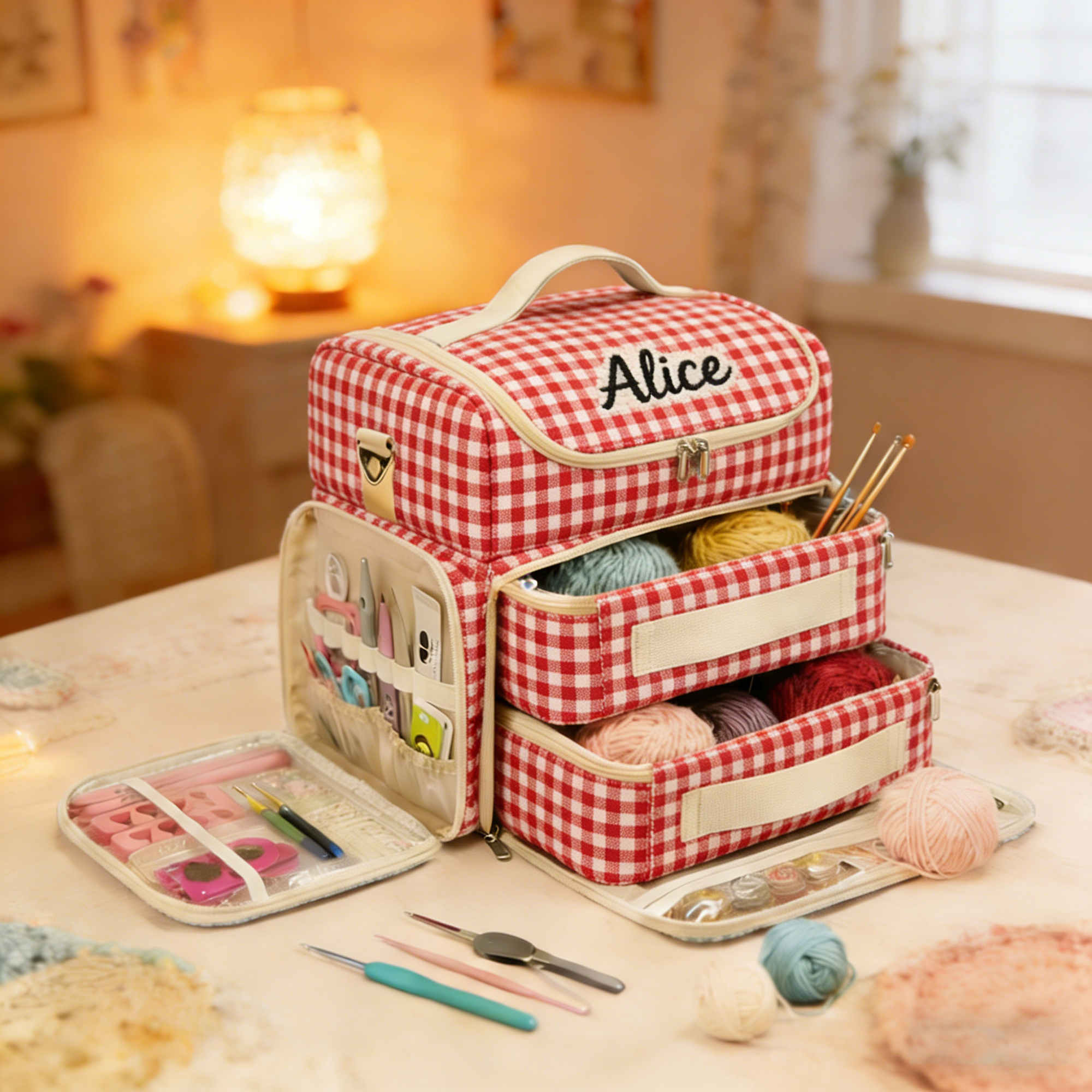Personalized Large Capacity Floral Crochet & Knitting Bag with Multiple Compartments - Portable Yarn Storage Organizer for Craft Supplies