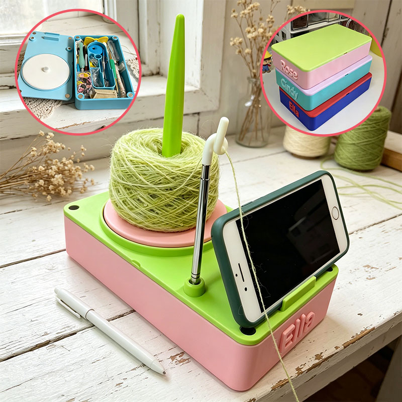 Personailzed 3D Printing Portable Multi Functional Yarn Holder Spinner with Phone Stand, Detachable Yarn Spool Box & Crochet Accessories Organizer for Knitting Lovers