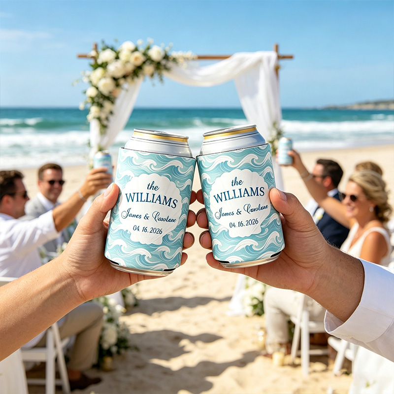 Personalized Ocean Theme Striped Beer Can Cooler Sleeve with Name Title and Date Wedding Party Gift for Newlyweds