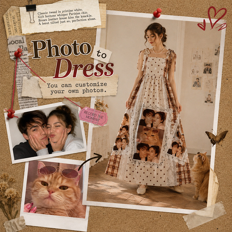 Personalized Photo Print Maxi Dress Tie-Shoulder Custom Name and Photo Summer Vacation Dress Vintage Lace Print Dress Gift for Girlfriend