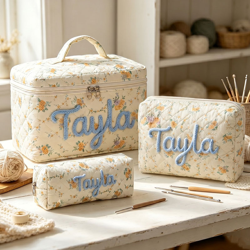 Personalized 3D Chenille Name Cotton Quilted Crochet Tool Storage Bag Large Small  Floral Crochet Tool Storage Bag Set Cute Coquette Pouch for Purse Aesthetic Cloth Flower Storage Bag Organizer
