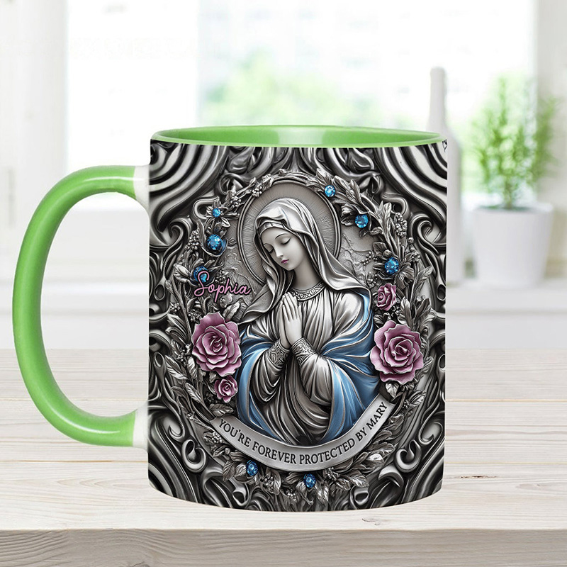 Personalized You're Forever Protected by Mary 11oz Ceramic Mug with Custom Name Religious 3D Coffee Mug Catholic Gift for Women