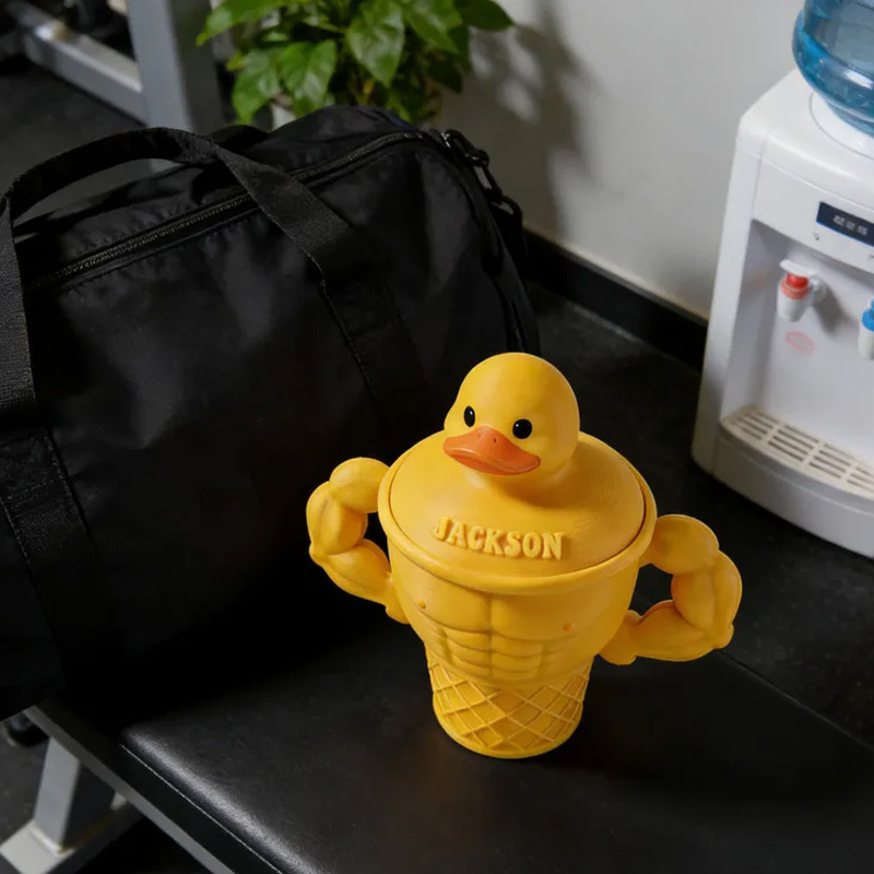 Personalized Funny Muscle Arm Duck Ice Cream Pint Holder 3D Printed Cozy with Spoon Slot Fitness Inspired Cozie Gym Gift Fuzzy Texture for Gym Lover