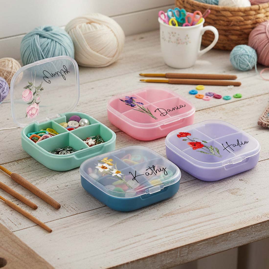 Personalized Knitting Crochet Notions Case Mini Storage Box Custom Name with Birth Flower Crochet Tool Organizer 4 Compartments Multi Section Stitch Markers Point Protectors Tools Travel Compartments Case