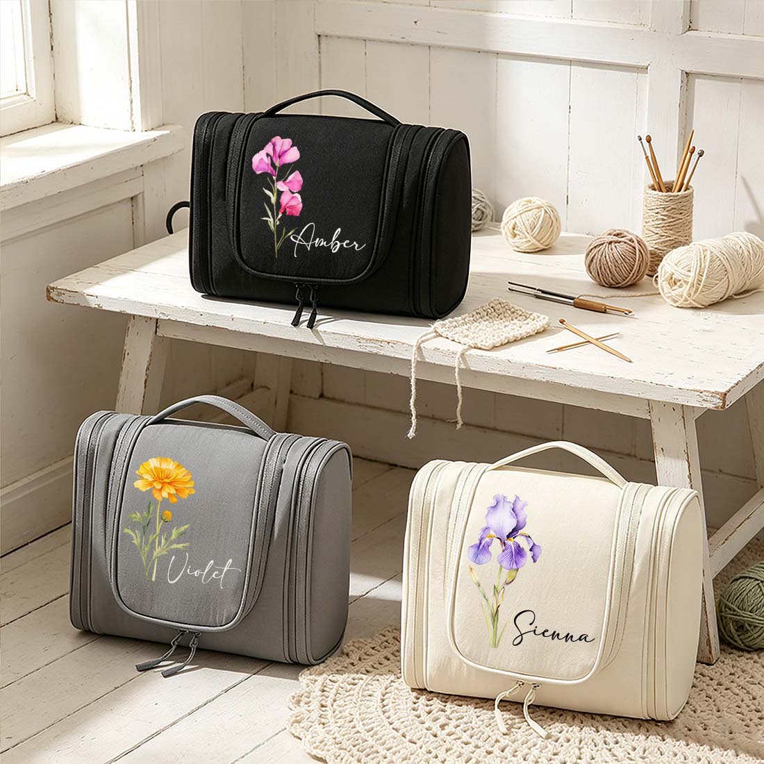 Personalized Crochet Storage Bag Water Resistant Crochet Storage Bag with Hanging Hook Custom Name with Birth Flower Crochet Tool Storage Bag Portable Storage Bag Large Capacity Multiple Pockets Organizer Bag