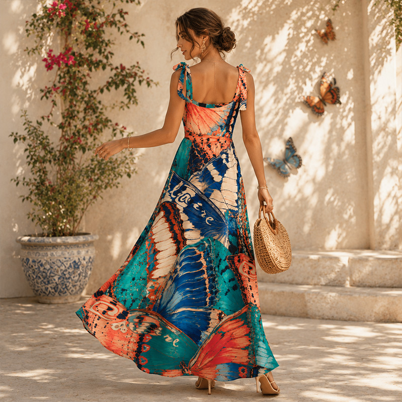 Personalized Hand Painted Colorful Butterfly Print Bow Tie Strap Square Neck Maxi Dress For Summer Vacation Beach Honeymoon Gift for Her